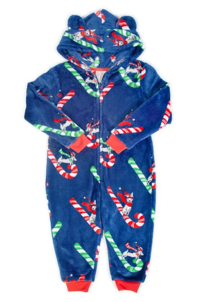 Shop Munki Munki Kids' Candy Cane Fitted One-piece Hooded Pajamas In Navy