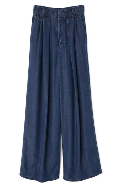 Shop Moussy Pleated High Waist Wide Leg Denim Pants In Blue