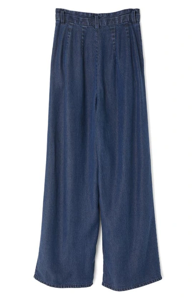 Shop Moussy Pleated High Waist Wide Leg Denim Pants In Blue
