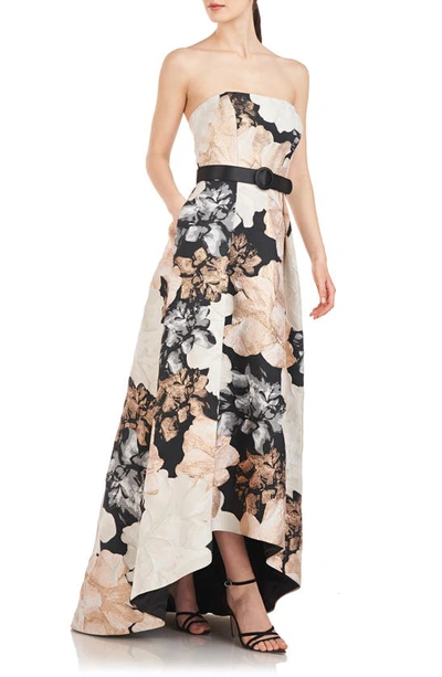 Shop Kay Unger Bella Metallic Floral Print Strapless Dress In Champagne