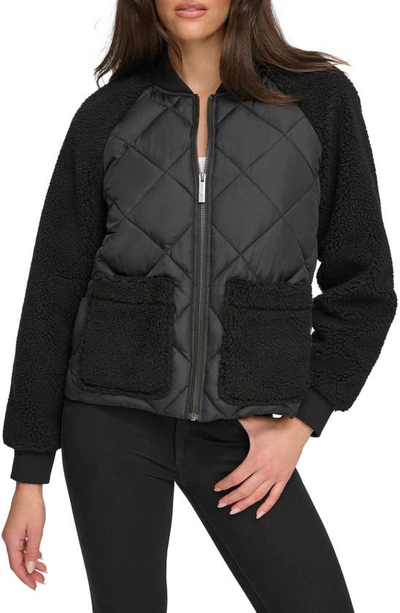 Shop Andrew Marc Sport Mix Media Quilted Bomber Jacket In Black