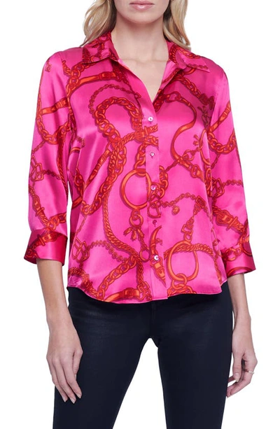 Shop L Agence Dani Chain Link Print Silk Button-up Shirt In Pink/ Red Buckle Chain