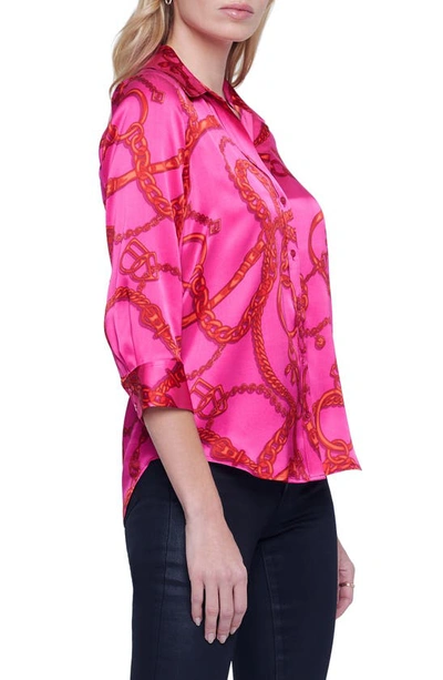 Shop L Agence Dani Chain Link Print Silk Button-up Shirt In Pink/ Red Buckle Chain