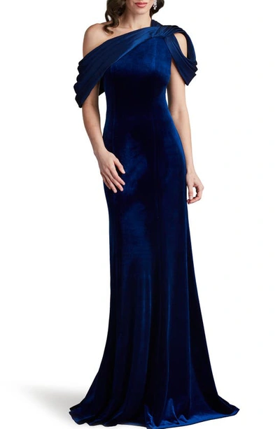 Shop Tadashi Shoji Asymmetric Neck Velvet Trumpet Gown In Navy