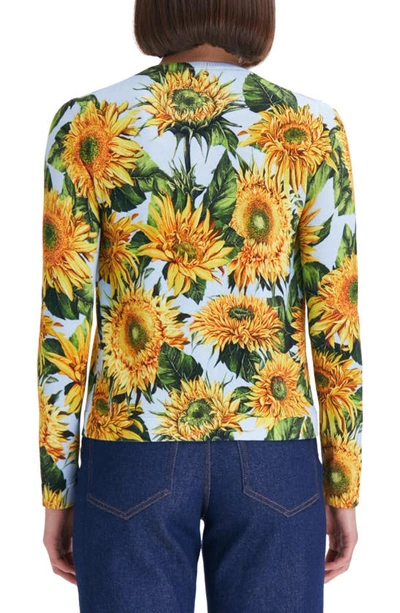 Shop Oscar De La Renta Sunflower Print Cotton Blend Cardigan In Yellow/ Soft Blue