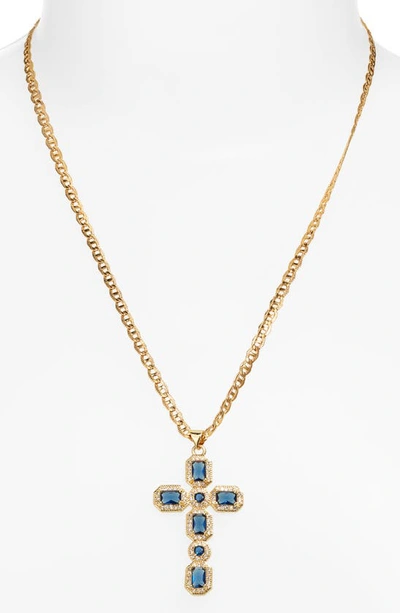 Shop Vidakush Ornate Cubic Zirconia Cross Pendant Necklace In Sapphire