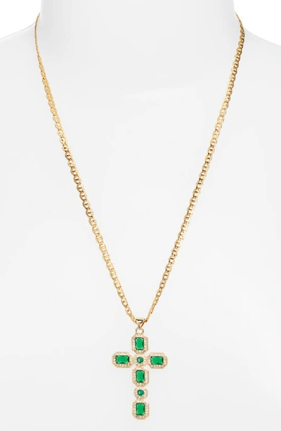 Vidakush Ornate Cubic Zirconia Cross Pendant Necklace In Green