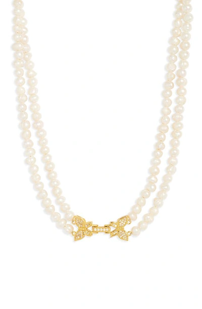 Shop Vidakush Butterfly Clasp Freshwater Pearl Necklace In Pearl/ Gold
