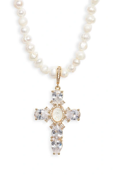 Shop Vidakush Virgin Mary Cross Pearl Necklace In Gold