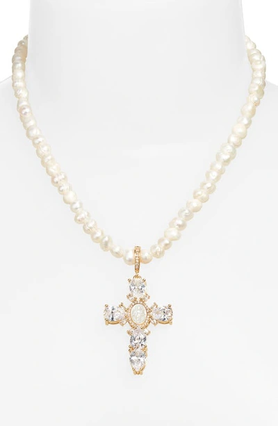 Shop Vidakush Virgin Mary Cross Pearl Necklace In Gold
