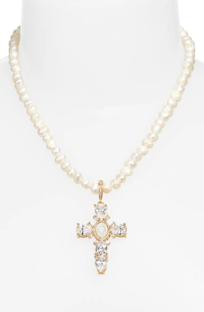 Vidakush Virgin Mary Cross Pearl Necklace In Gold