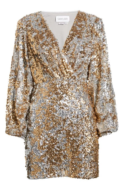 Shop Saylor Rina Long Sleeve Metallic Sequin Minidress In Silver And Gold