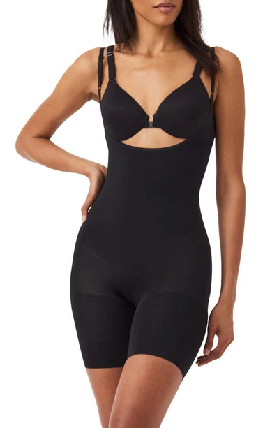 Shop Spanx Everyday Open Bust Mid Thigh Shaper Bodysuit In Very Black