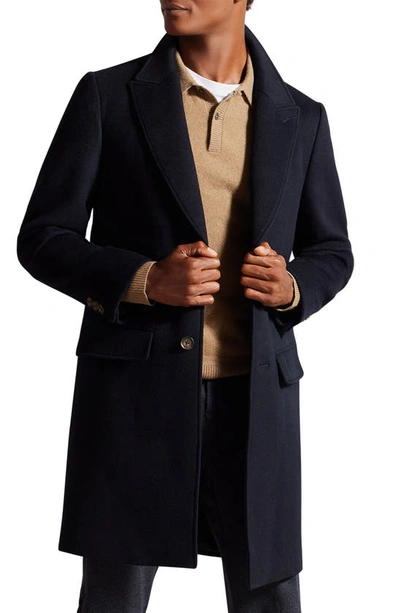 Shop Ted Baker Peak Lapel Wool Blend Coat In Navy