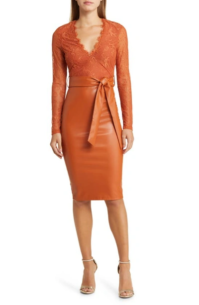 Shop Bebe Mixed Media Long Sleeve Lace & Faux Leather Dress In Orange/ Brown