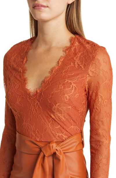 Shop Bebe Mixed Media Long Sleeve Lace & Faux Leather Dress In Orange/ Brown