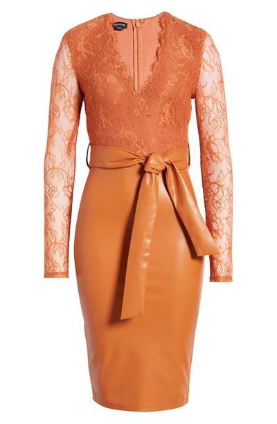 Shop Bebe Mixed Media Long Sleeve Lace & Faux Leather Dress In Orange/ Brown