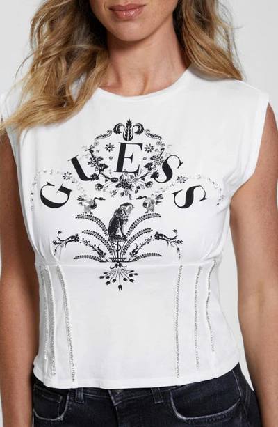 Shop Guess Queen Bead Detail Cotton Blend Corset T-shirt In White