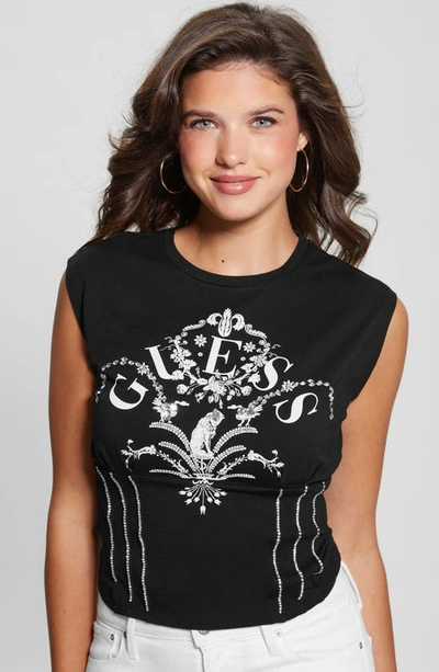 Shop Guess Queen Bead Detail Cotton Blend Corset T-shirt In Jet Black