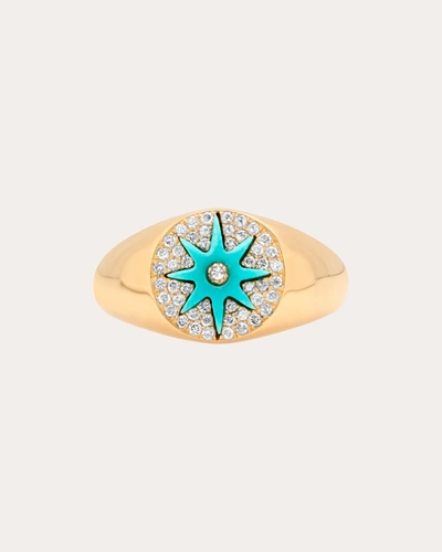 Shop Colette Jewelry Women's Turquoise Starburst Diamond Signet Ring 18k Gold In Blue