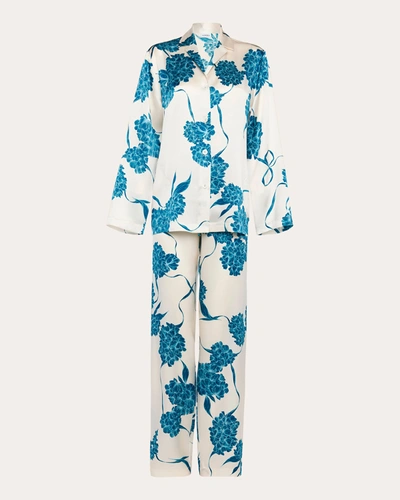 Shop La Perla Women's Floral Long Silk Pajama Set In W244-offwhite/dustyblue