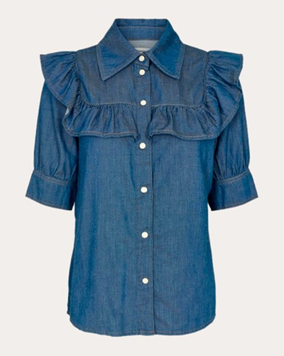 Shop Tomorrow Women's Brown Ruffle Button-up Top In Blue