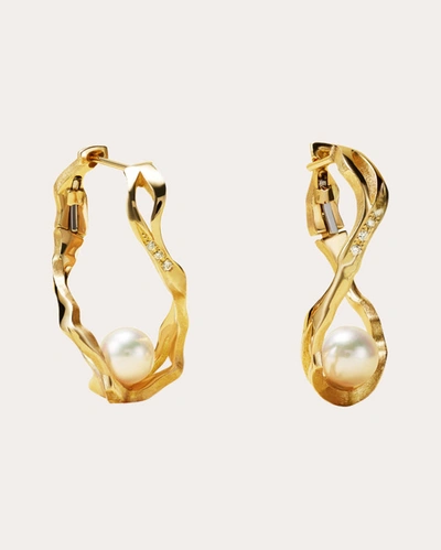 Shop Milamore Women's Pearl & Diamond Kintsugi Small Infinity Hoop Earrings In Gold