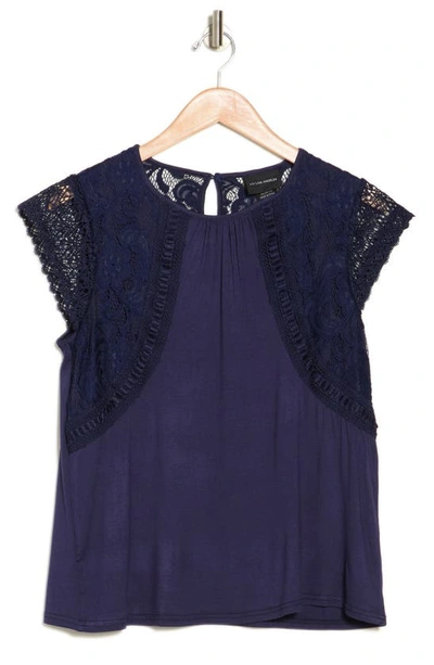 Shop Forgotten Grace Lace Cap Sleeve Mixed Media Top In Navy