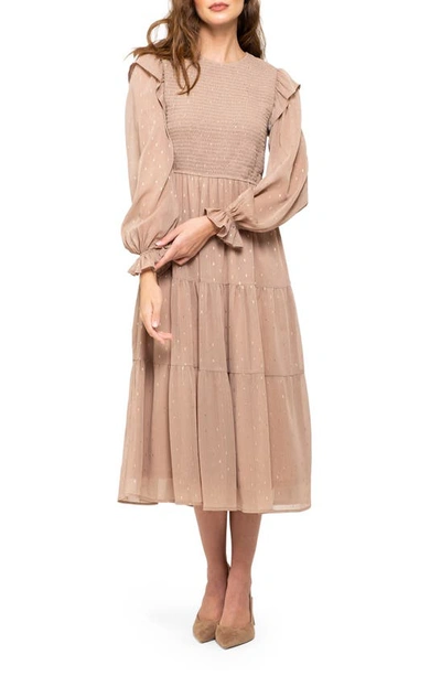 August Sky Foil Dash Long Sleeve Fit & Flare Midi Dress In Khaki