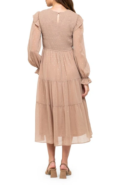 August Sky Foil Dash Long Sleeve Fit & Flare Midi Dress In Khaki
