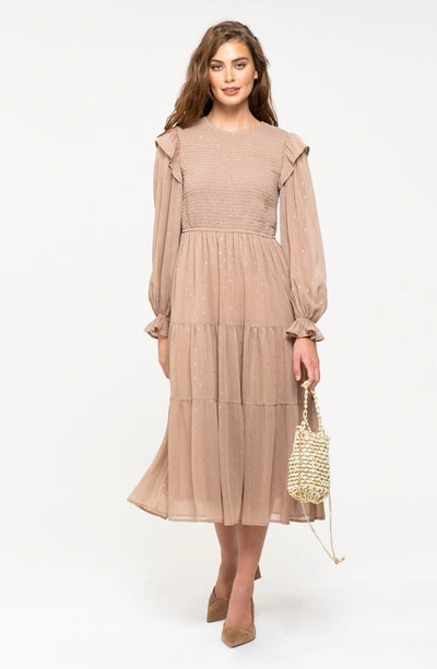 August Sky Foil Dash Long Sleeve Fit & Flare Midi Dress In Khaki