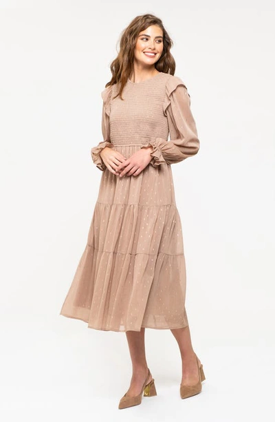 August Sky Foil Dash Long Sleeve Fit & Flare Midi Dress In Khaki