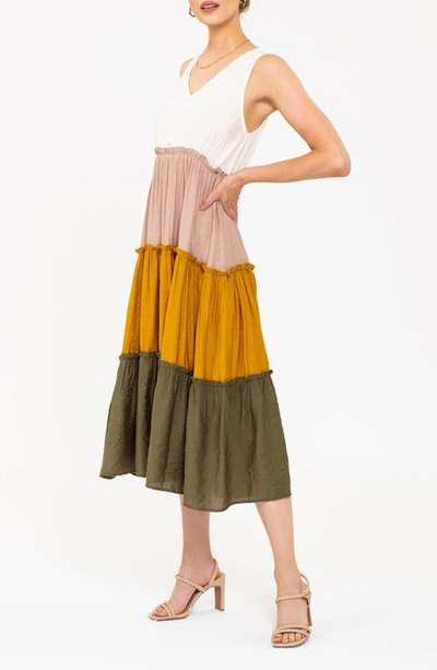 Shop August Sky Colorblock Sleeveless Tiered Midi Dress In Olive Multi
