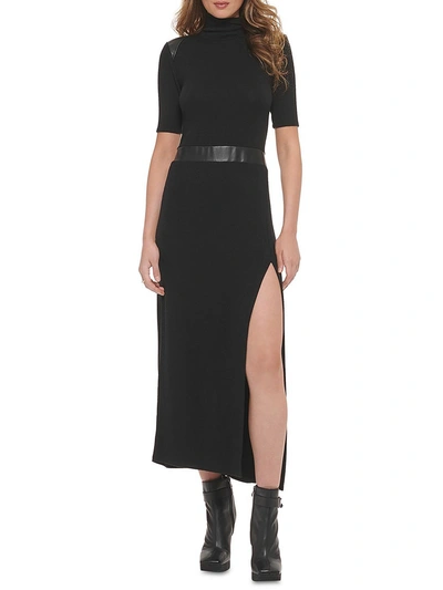Shop Dkny Womens Faux Leather Trim Long Maxi Dress In Black