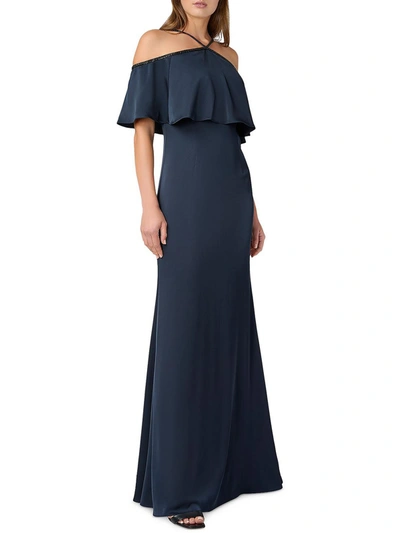 Shop Aidan Mattox Womens Embellished Cold Shoulder Evening Dress In Blue