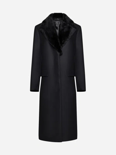 Shop Totême Shearling-collar Wool-blend Coat In Black