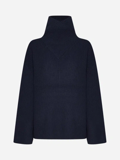 Shop Totême Wrap-neck Wool Sweater In Navy