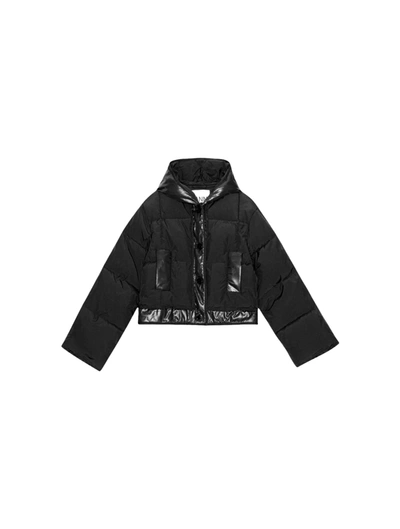 Shop Ganni Black Short Hooded Puffer Jacket