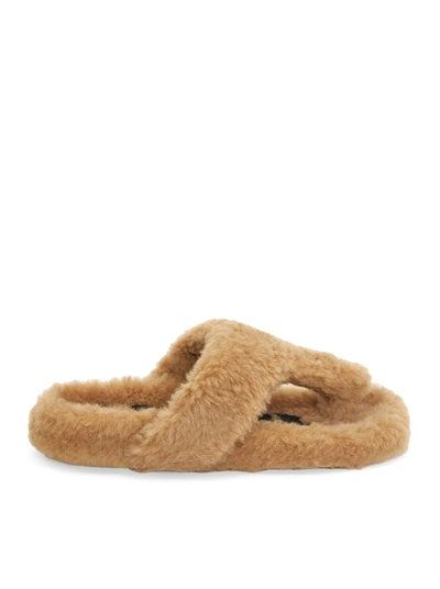 Shop Loewe Ease Toe Post Sandal In Shearling In Nude & Neutrals