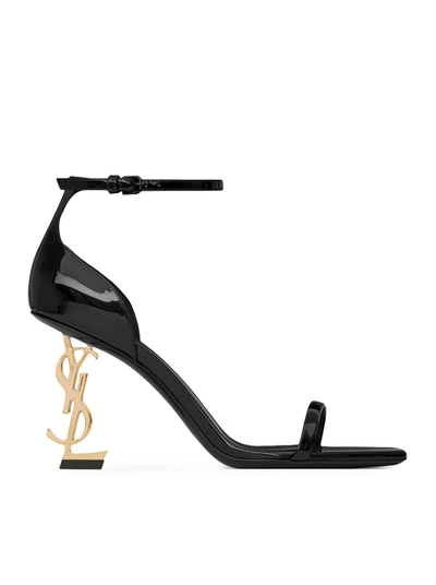 Shop Saint Laurent Opyum Patent Sandals With Golden Heel In Black