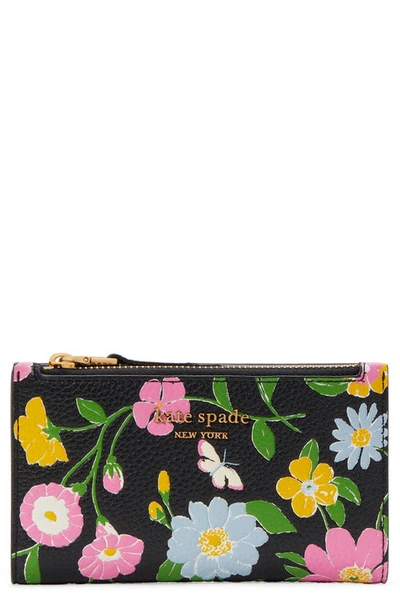 Kate Spade Roulette Floral Embossed Leather Bifold Wallet In Black