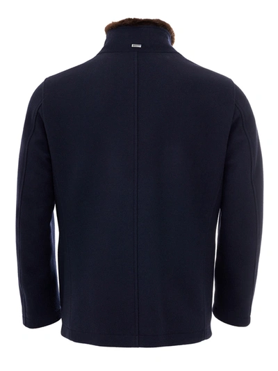 Shop Herno Blue Wool Jacket With Fur Men's Collar