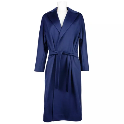 Shop Made In Italy Elegant Blue Wool Coat With Ribbon Women's Belt