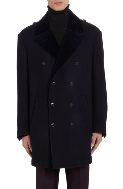 Shop Tom Ford Officer Wool Felt Peacoat In Dark Blue