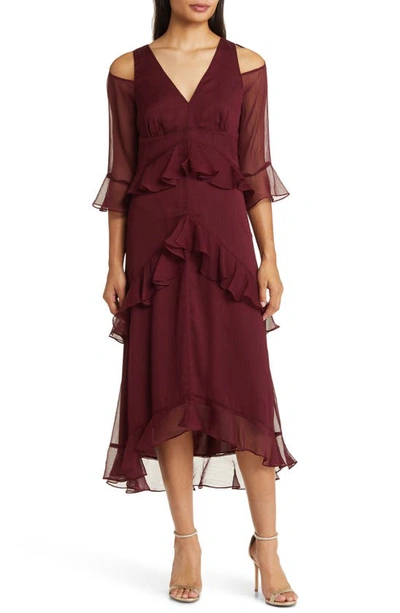 Shop Tahari Asl Ruffle Cold Shoulder Long Sleeve Midi Dress In Burgundy