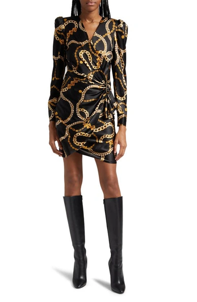 Shop L Agence Clarice Chain Print Long Sleeve Stretch Silk Dress In Black / Gold Classic Chain