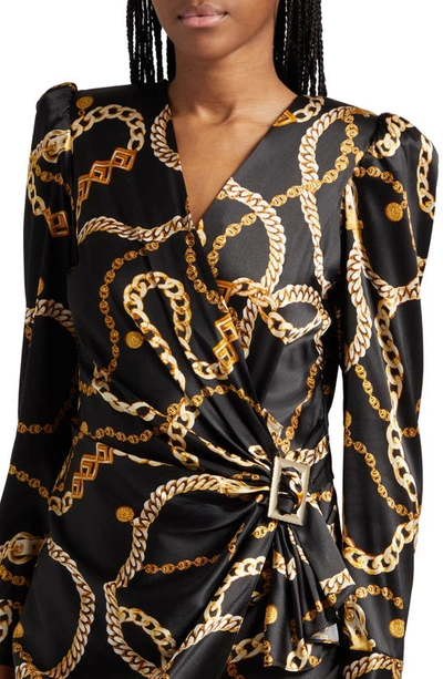 Shop L Agence Clarice Chain Print Long Sleeve Stretch Silk Dress In Black / Gold Classic Chain