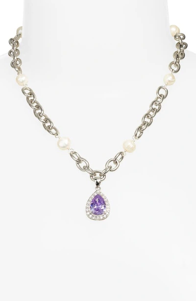 Shop Vidakush Heiress Imitation Pearl Pavé Pendant Necklace In Silver