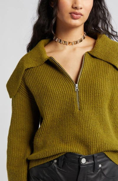 Open Edit Rib Half Zip Sweater In Olive Avocado