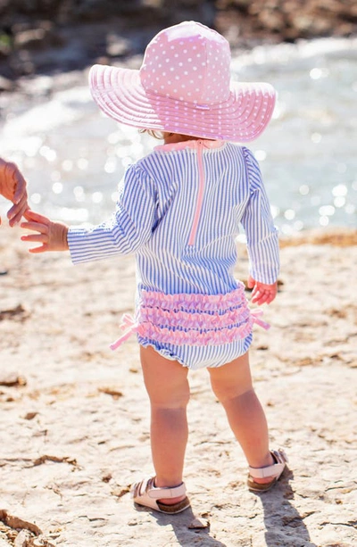 Rufflebutts Seersucker One-piece Rashguard Swimsuit & Hat Set In Periwinkle Seersucker